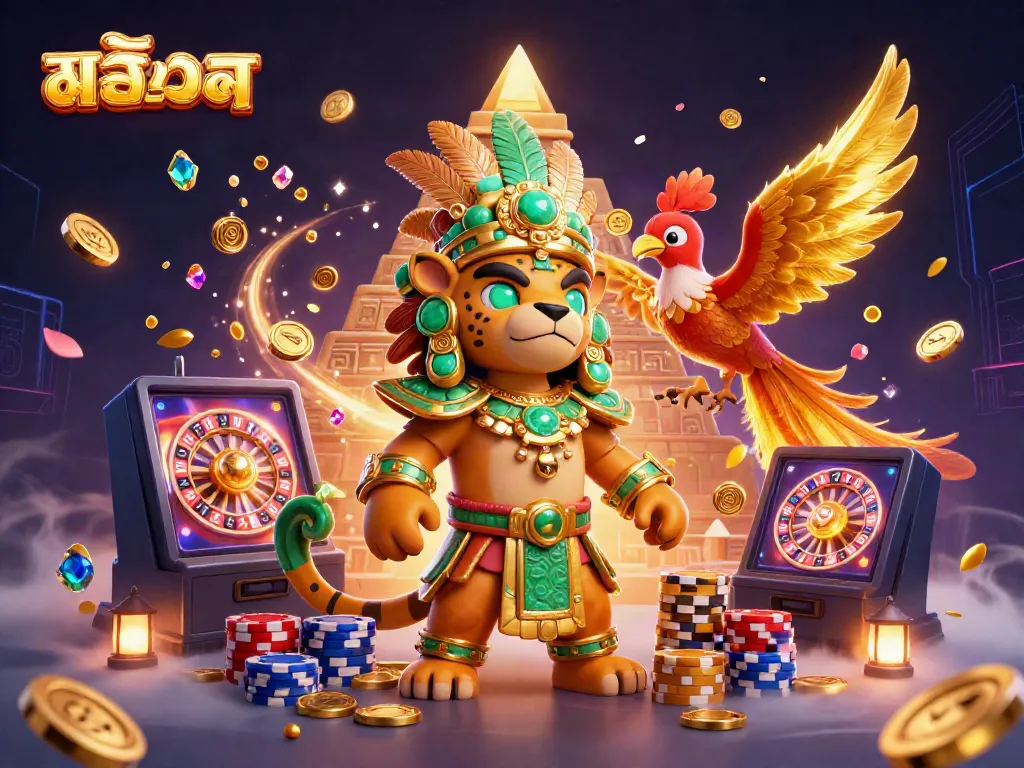 Win big with สล็อต featuring Mayan jaguar priest and golden coins in a vibrant casino scene.