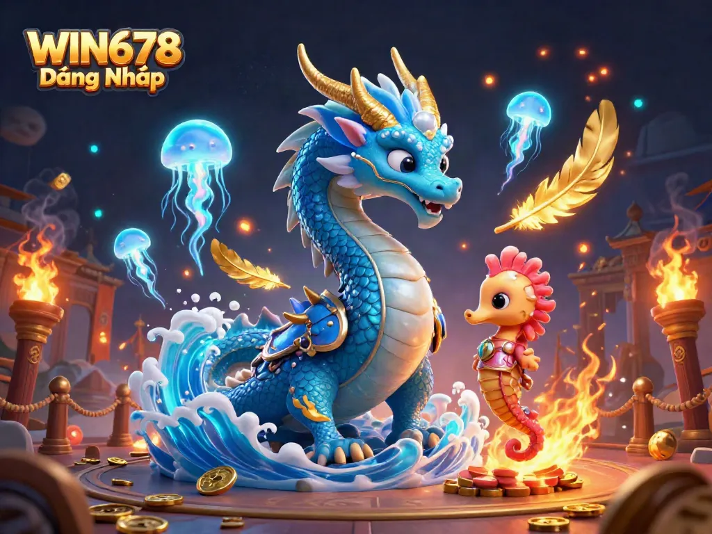 Capture the excitement of WIN678 Đăng Nhập with a glorious underwater casino battle scene featuring a dragon, seahorse knight, and jellyfish.