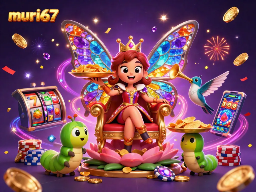 Spin the reels at murai67 with vibrant slot graphics and celebratory elements in a dynamic casino scene.