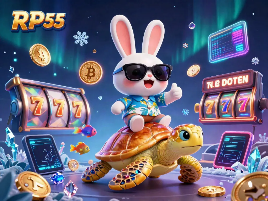 RP55 showcases a vibrant casino scene with a lucky rabbit and golden turtle surrounded by crypto coins.