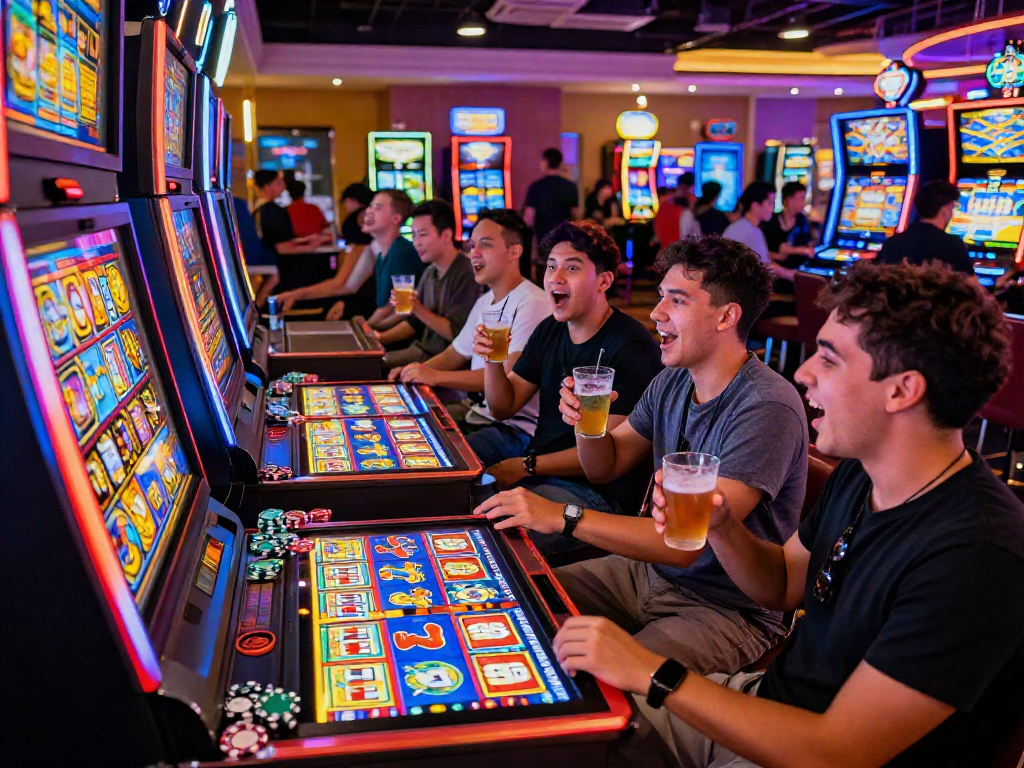 Exciting bandar slot gameplay scene in a lively casino, friends enjoying vibrant machines.