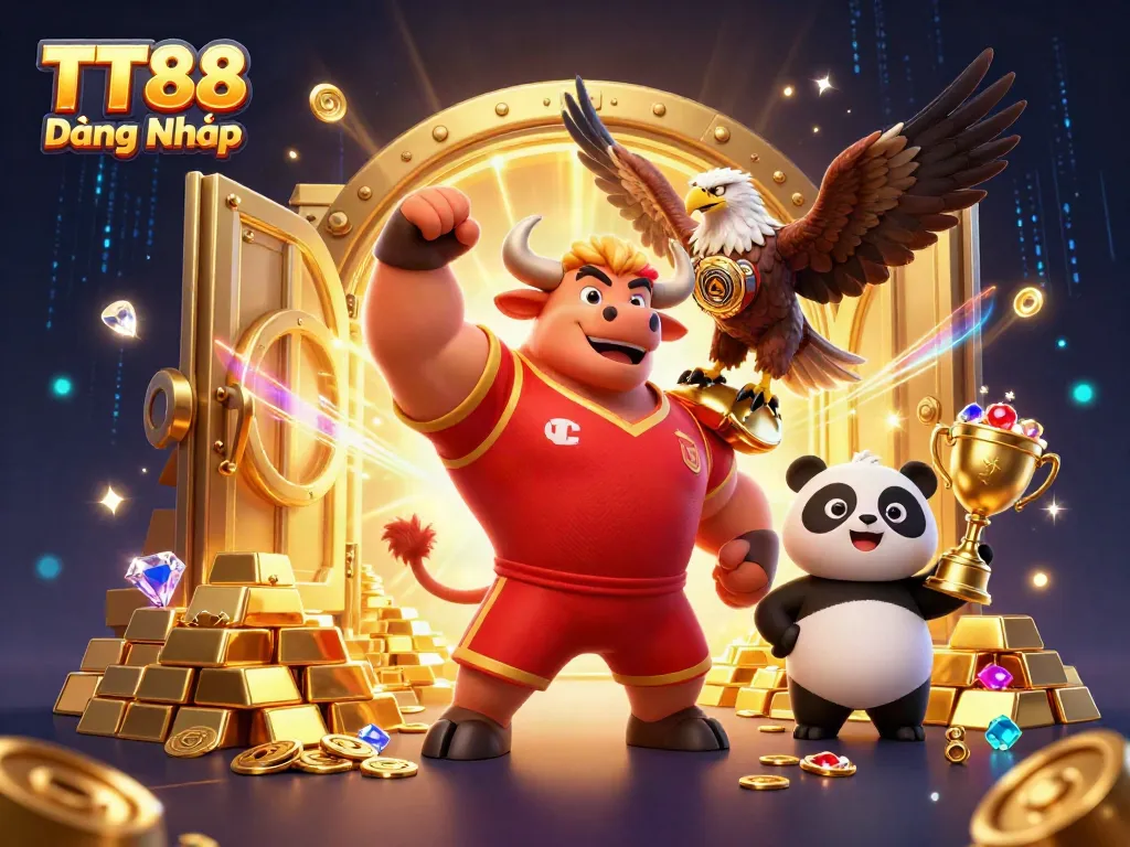 Engage with thrilling TT88 Đăng Nhập games amidst a dynamic 3D casino scene filled with prizes.