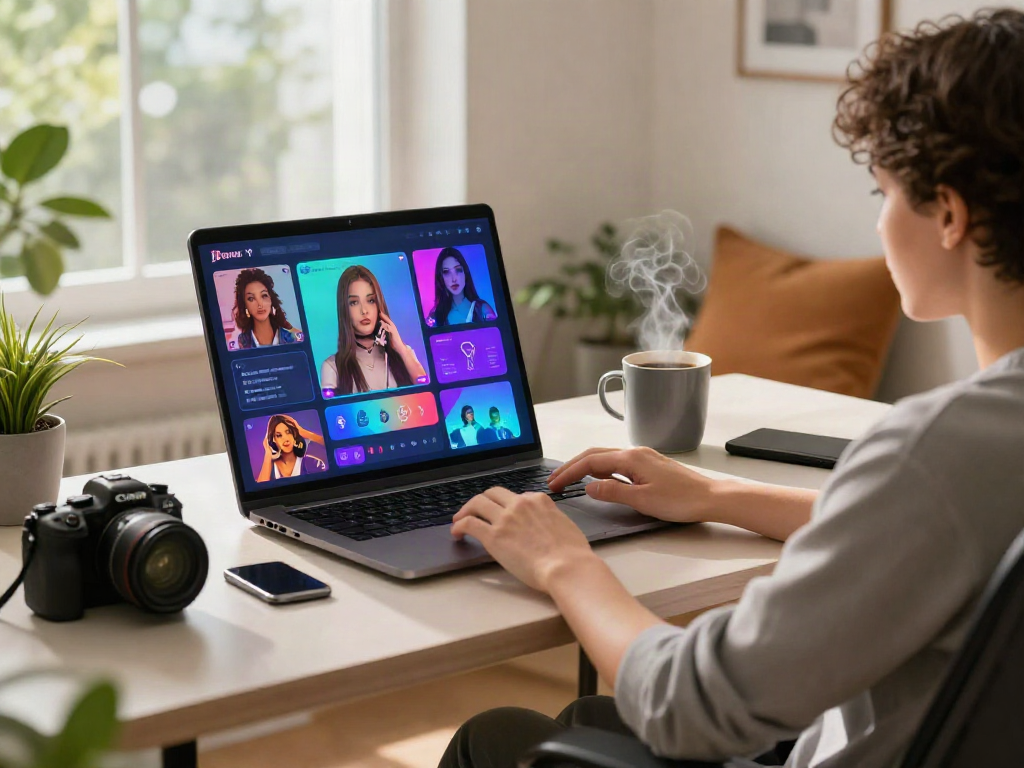 Engaging in a sex AI chat in a modern home office with vibrant digital interfaces.