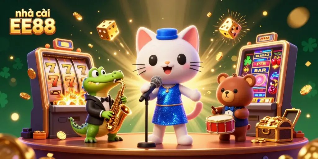 Spin and win at nhà cái EE88 with a lively cartoon casino scene featuring vibrant characters and elements.