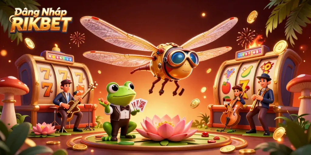 Join the excitement at Đăng Nhập RIKBET with a vivid illustration of a dragonfly pilot and frog dealer in a lively casino.
