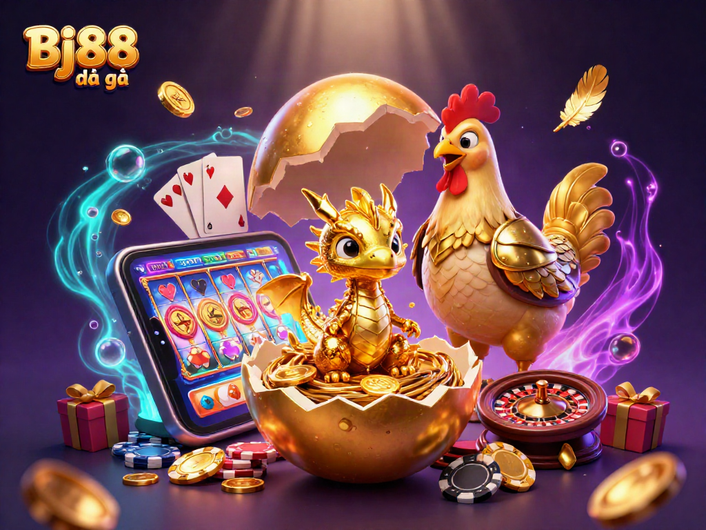 Bj88 đá gà showcases a dynamic scene with a golden dragon on poker chips amidst colorful casino elements.