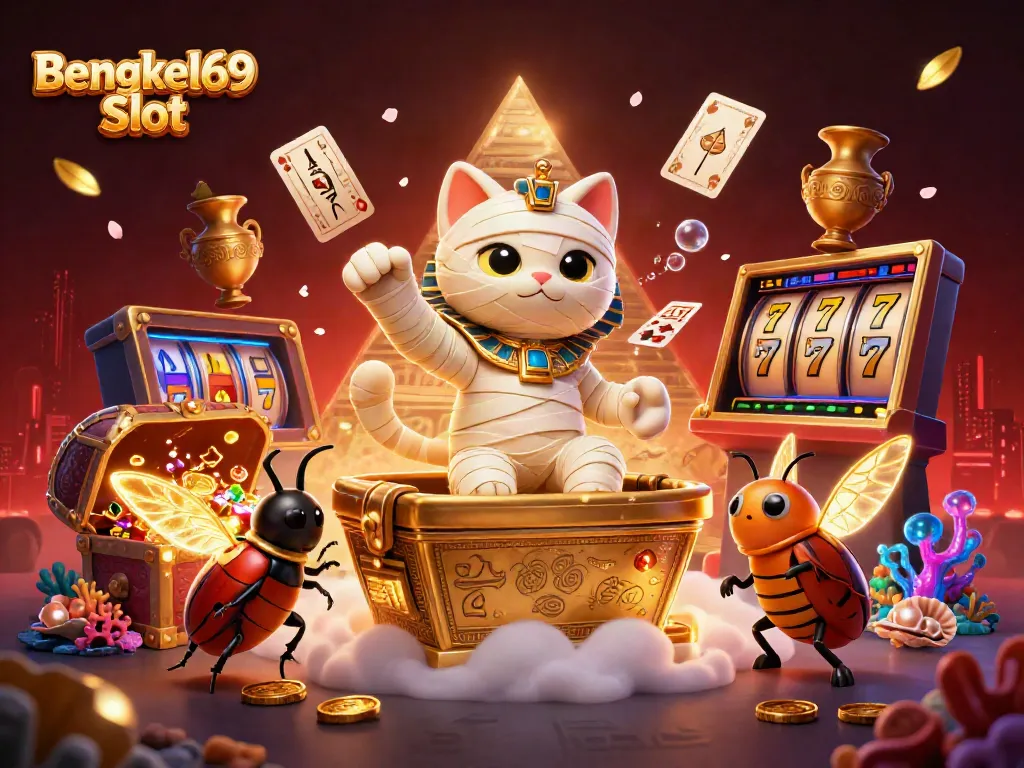 Experience the thrill of winning at Bengkel69 Slot surrounded by enchanting 3D characters, slot reels, and treasures.