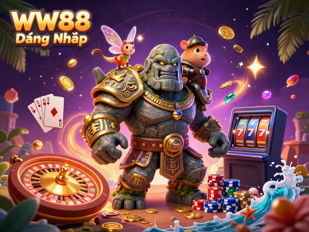 Experience the magic of WW88 Đăng Nhập with a vibrant 3D illustration of a golem, fairy, and hamster knight.