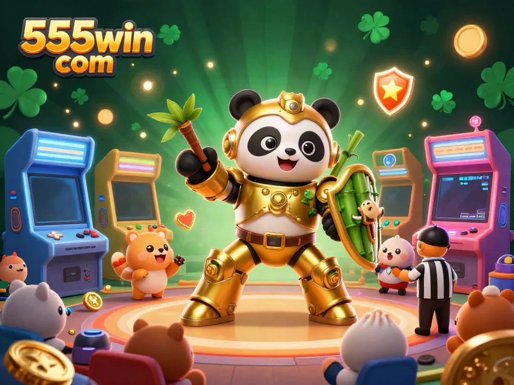 Experience the excitement of gaming with 555win com in a vibrant casino-themed 3D scene featuring a golden panda and arcade elements.