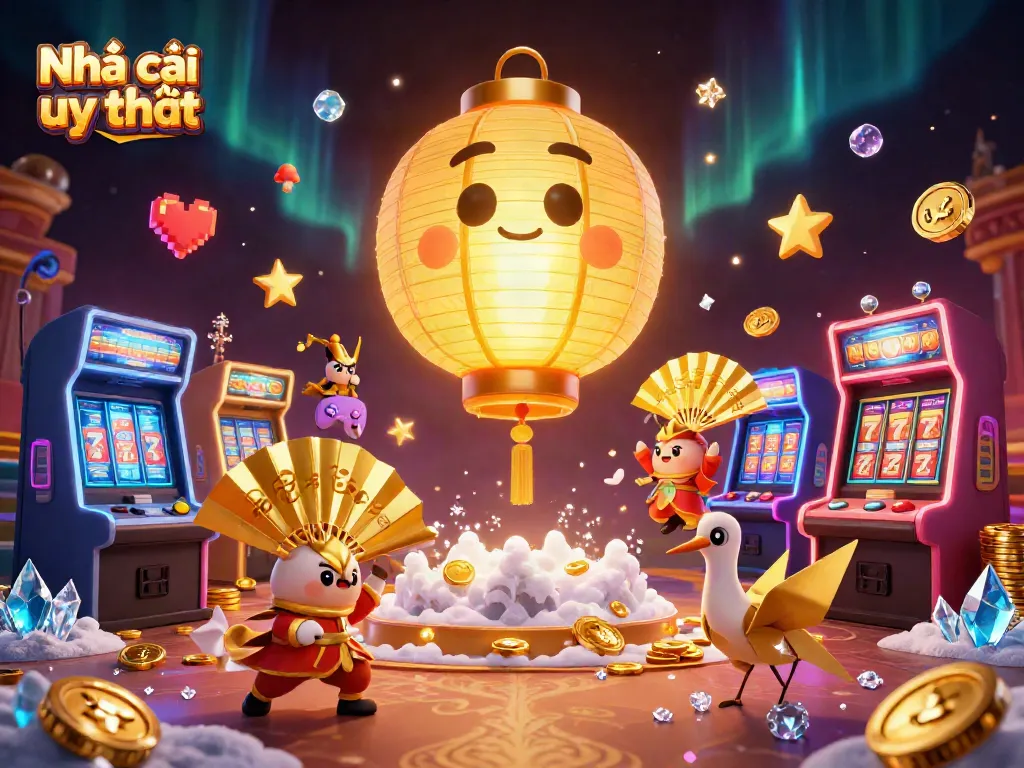 Engaging illustration showcasing Nhà cái uy tín with golden lantern spirit, arcade elements, and rich casino atmosphere.
