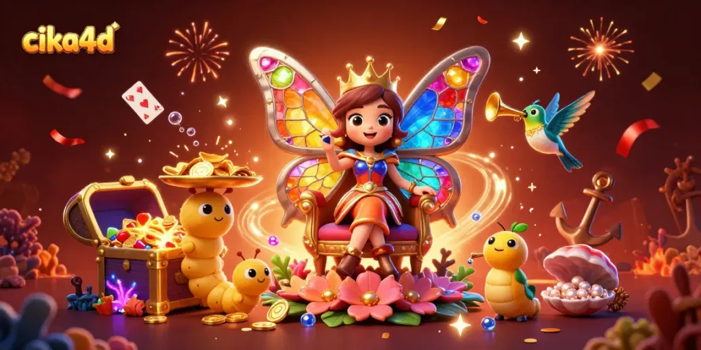 Experience vibrant fun with "cika4d" featuring a dazzling butterfly queen and casino treasures.