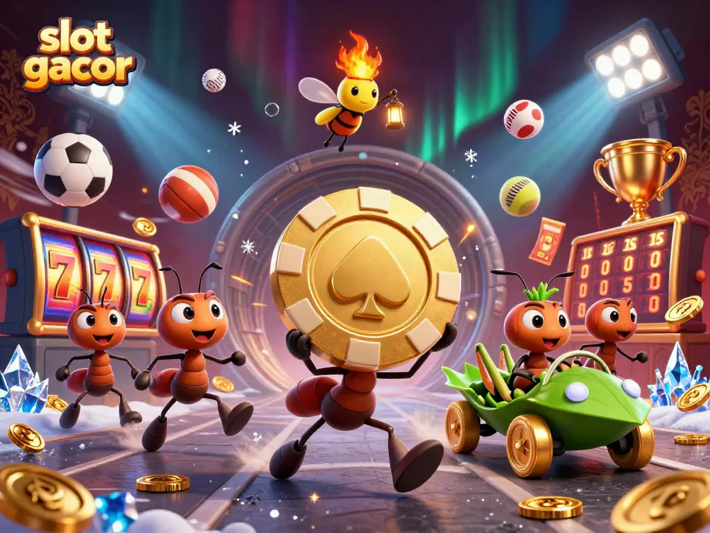 Engage with slot gacor dynamics featuring ants heisting a giant poker chip amid vibrant casino elements.