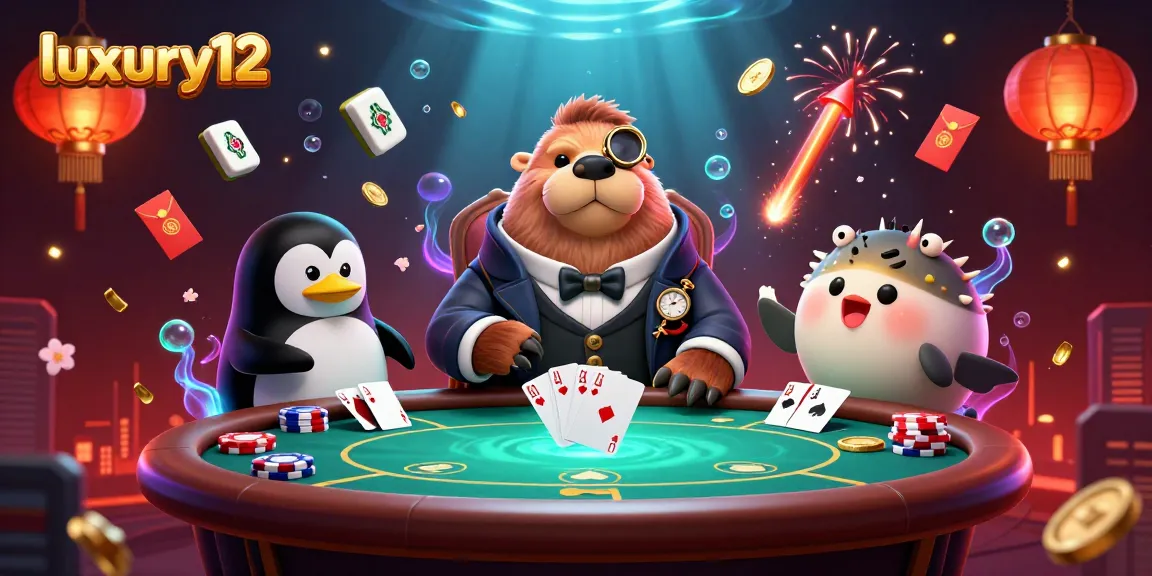 Experience the vibrant underwater poker scene at luxury12 with a jolly walrus, dealer penguin, and bluffing pufferfish.