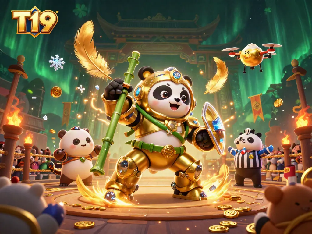 T19 showcases a vibrant, energetic 3D scene with a mech-suit panda and gambling elements in action.
