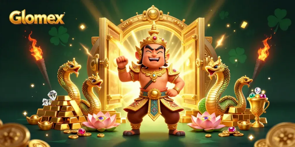Engage with Glomex's vibrant casino world featuring treasure-filled guardians and gold elements.