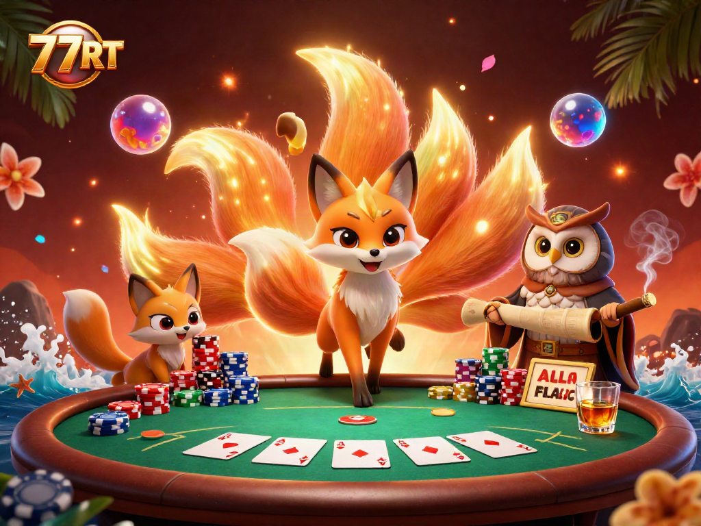 Engage with 77RT's vibrant poker scene featuring mystical characters and rich game elements.