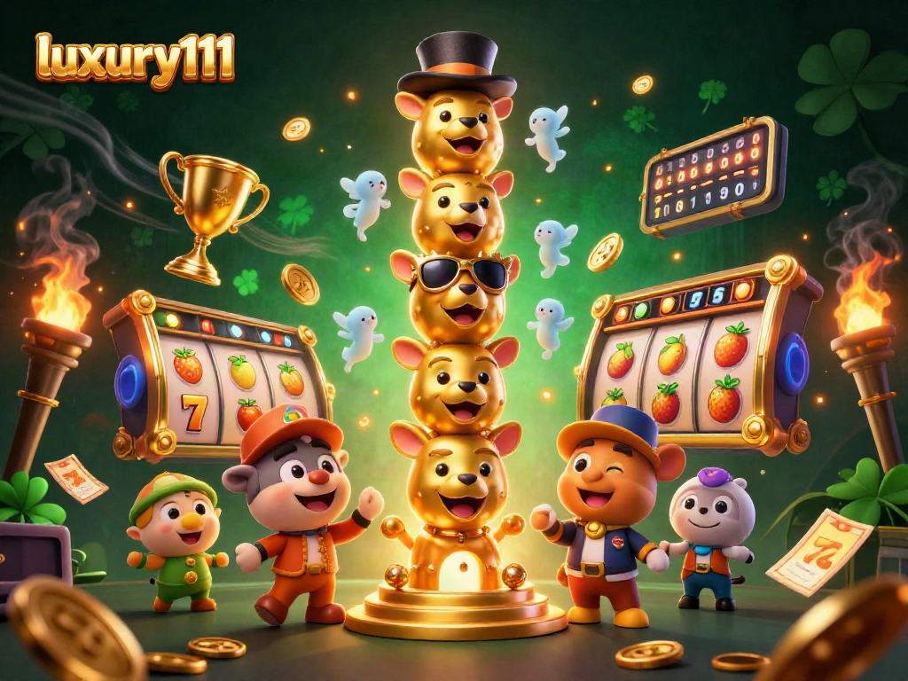 Experience luxury111 in this dynamic 3D casino scene featuring vibrant slots and gold elements.