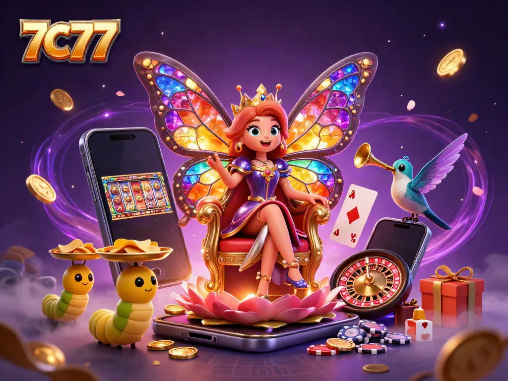 Engage with the enchanting world of 7C77, showcasing a magical casino scene with vibrant characters and gaming elements.