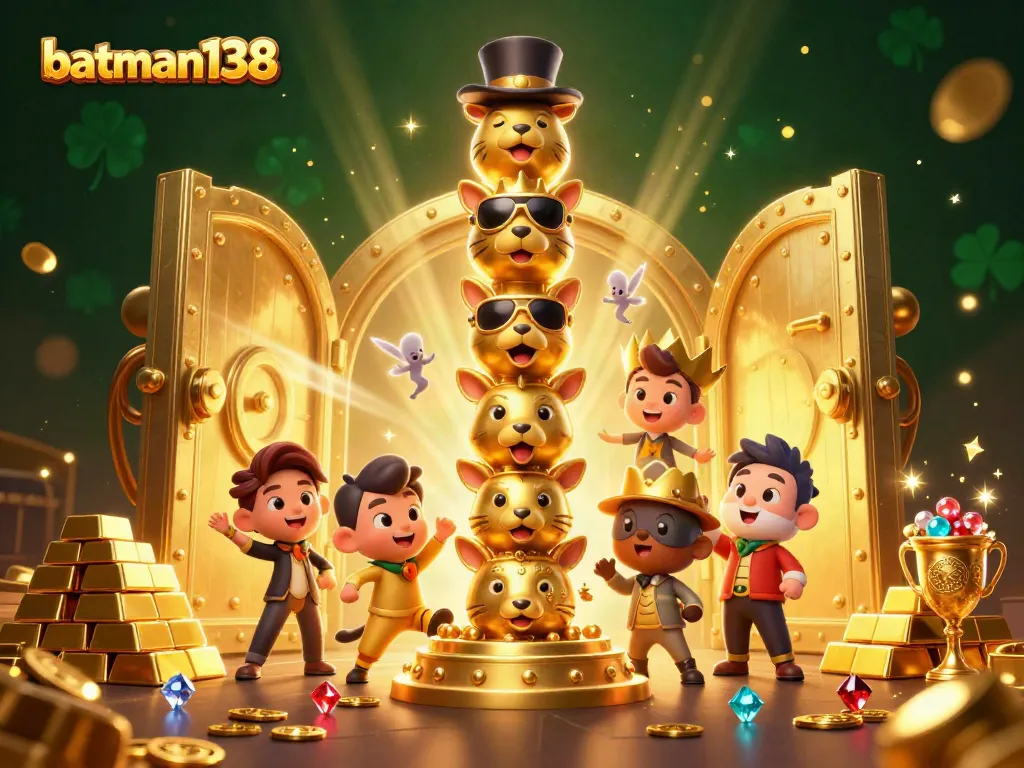 Experience the excitement of gameplay at batman138 with 3D characters celebrating wins in a rich casino environment.