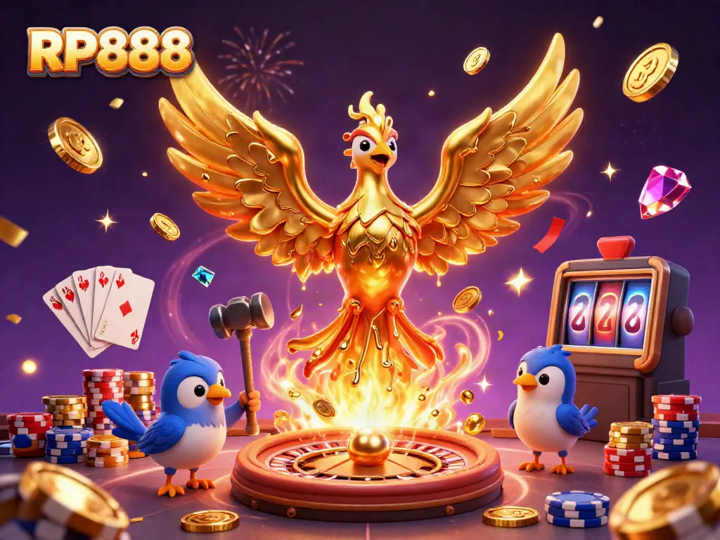 Engage with RP888's vibrant gaming experience featuring golden phoenix and rich casino elements