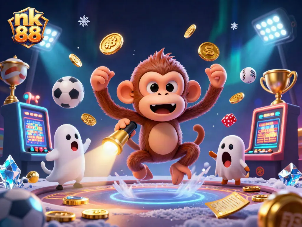 Experience thrilling gameplay at nk 88 with a captivating 3D casino scene featuring a playful monkey juggling golden objects.