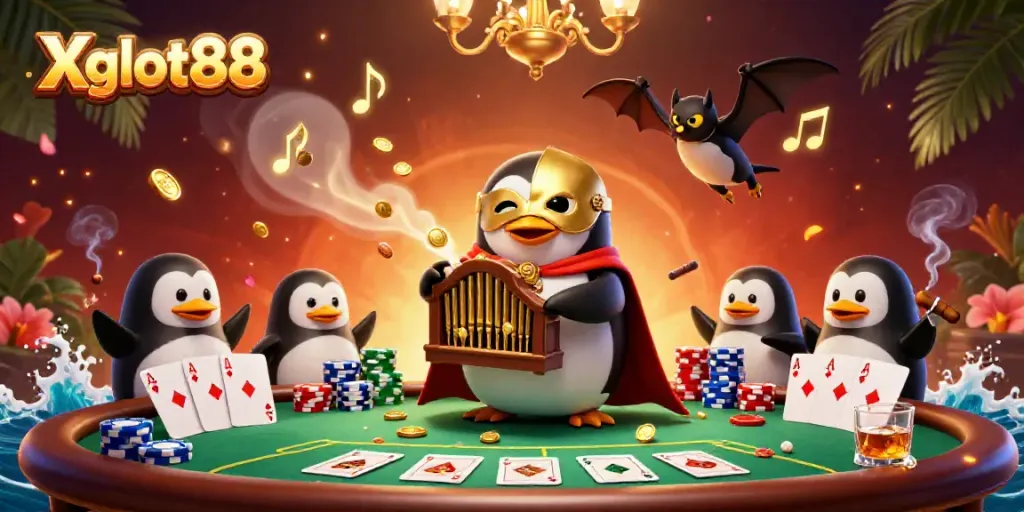 Gambarkan Xgslot88 dengan penguin opera yang memukau bermain organ sambil menghasilkan koin emas di kasino.