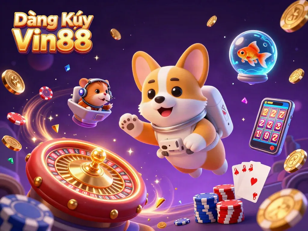 Play exciting games at Đăng Ký Vin88 with captivating 3D visuals of a playful astronaut corgi enjoying casino fun.