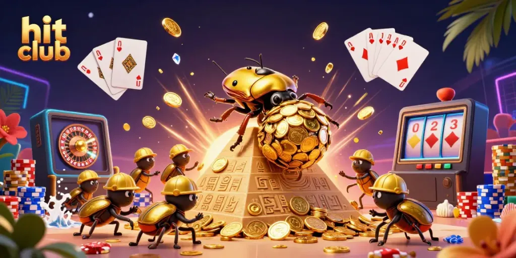 Hit club showcases a golden dung beetle rolling coins, encapsulating excitement in a casino atmosphere.
