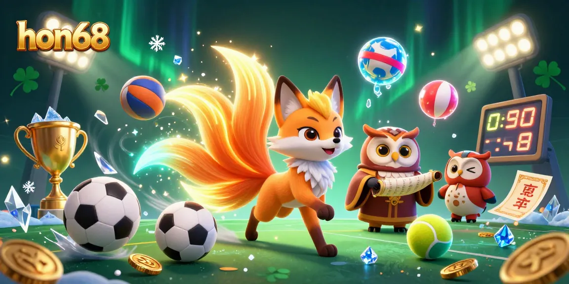 Engage with hon68's vibrant gaming experience featuring a mystical nine-tailed fox spirit among dynamic sports elements.