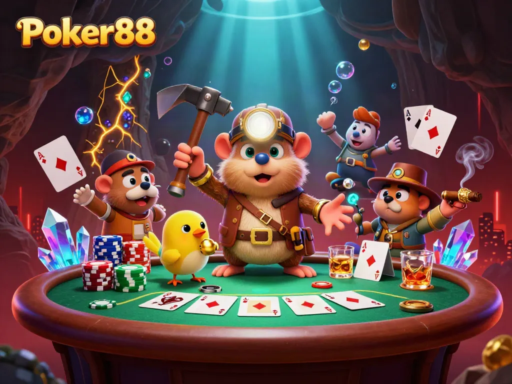 Experience thrilling Poker88 gameplay with treasure hunter characters in a vibrant casino scene.