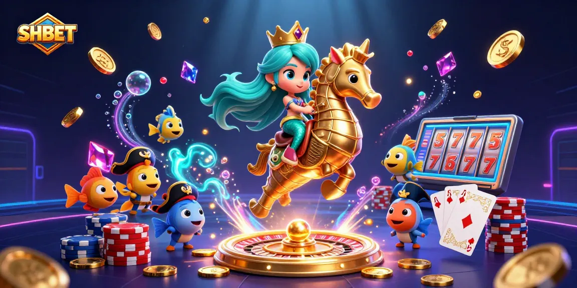 SHBET promotes excitement with a vibrant mermaid-themed casino scene featuring colorful characters and gaming elements.