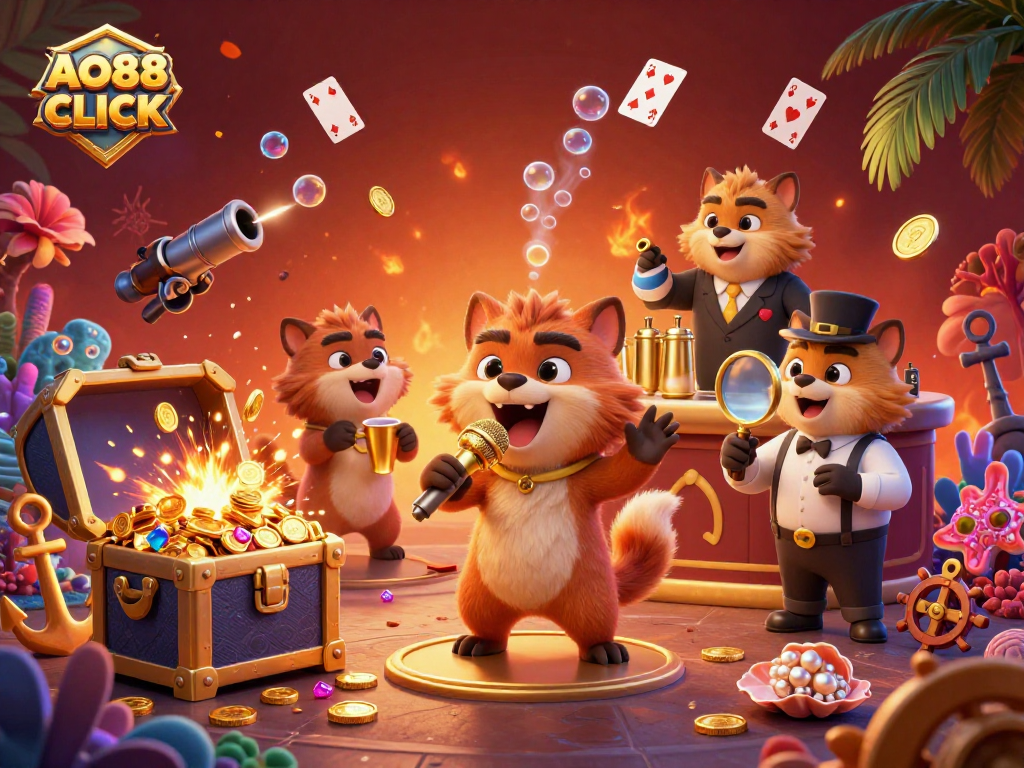 Experience the excitement of AO88 CLICK as hyenas bring laughter to the casino with gold coins and colorful gems!