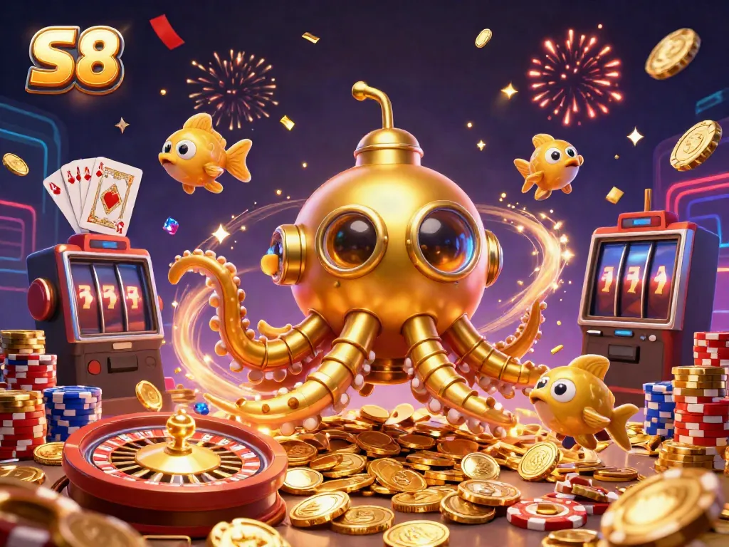 Engage in vibrant casino action with S8 showcasing a golden kraken submarine amidst golden coins and thrilling games.