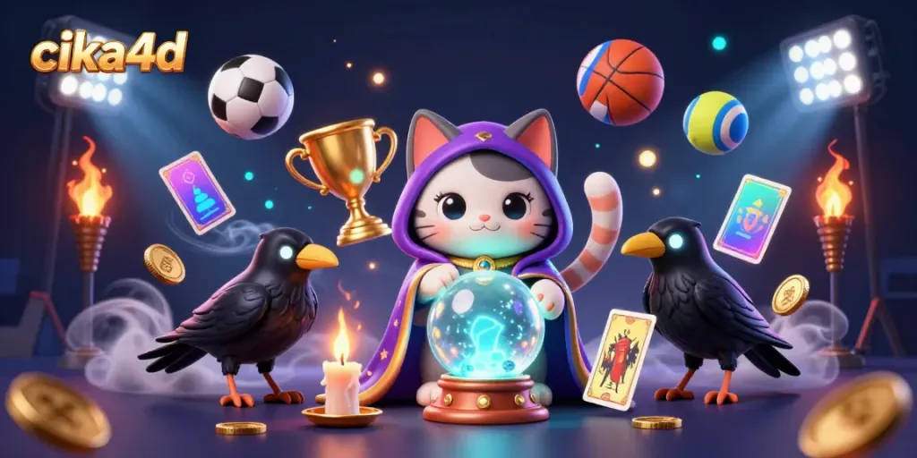 Experience cika4d with mystical elements and vibrant sports symbols in a dynamic casino scene.