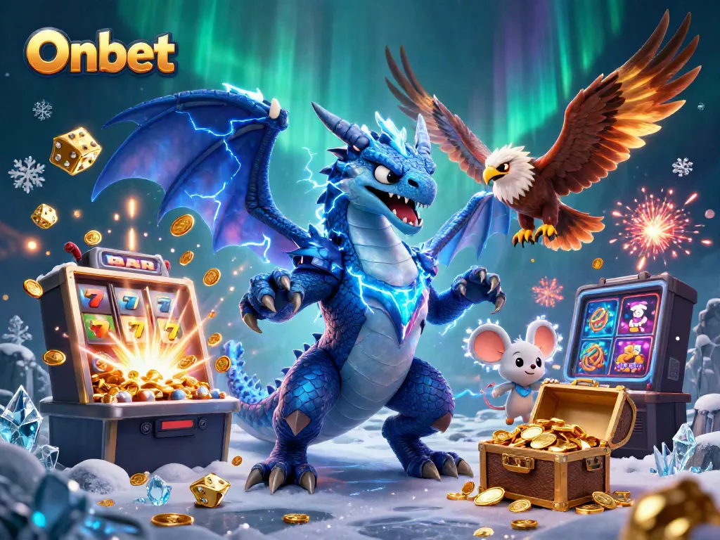 Experience thrilling gaming action with Onbet's vibrant casino scene featuring stunning 3D characters and dynamic jackpots.