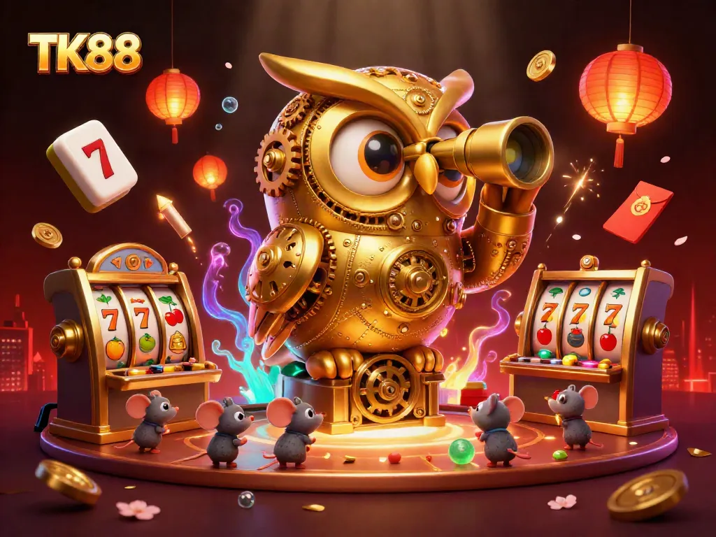 Experience the thrill of TK88 with vibrant casino elements, featuring a golden owl overlooking dynamic slot reels.