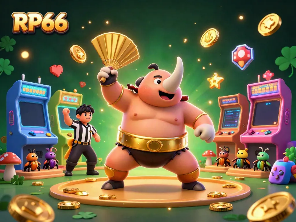 Experience the excitement of RP66 with a dynamic illustration featuring a beetle champion among gold coins and arcade games.