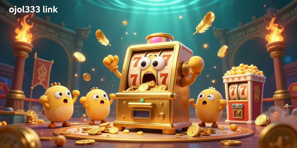 Experience the excitement with the ojol333 link as the golden slot machine wins a jackpot and coins shower down.