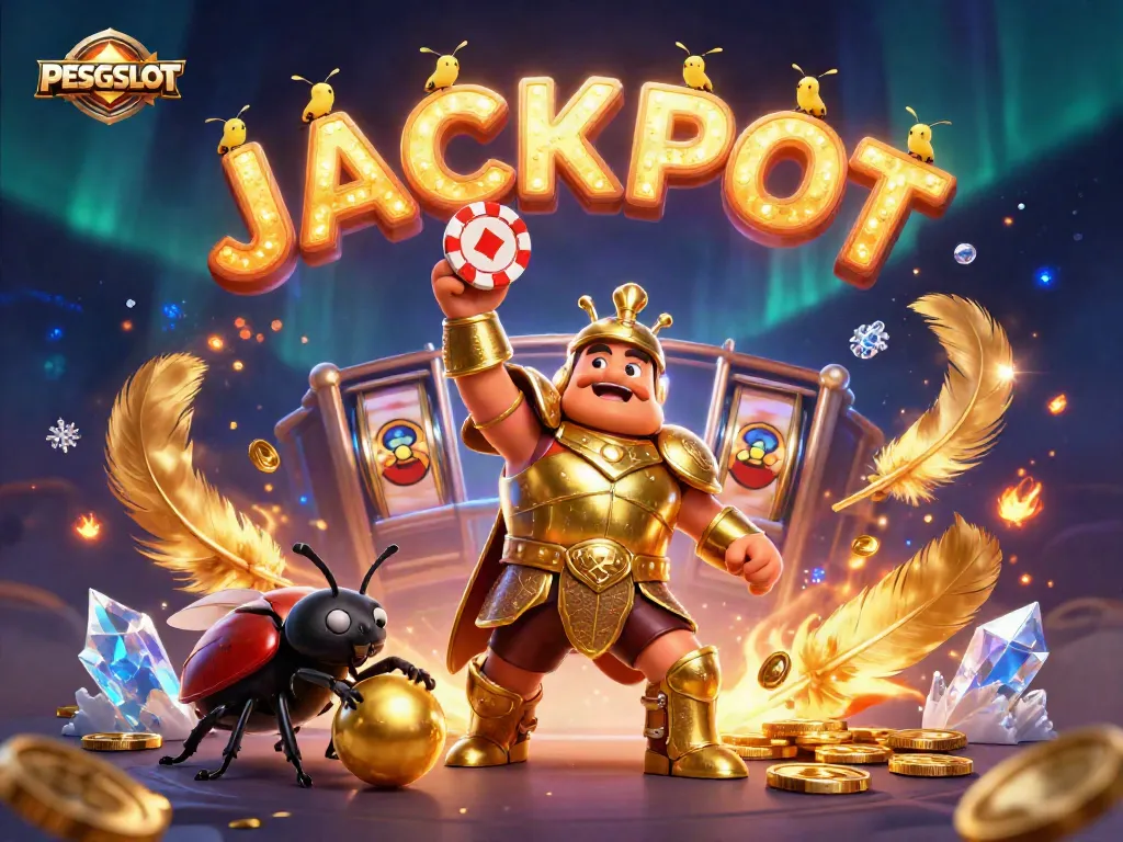 PESGSLOT showcases a victorious hercules beetle lifting a poker chip amid dynamic casino elements.