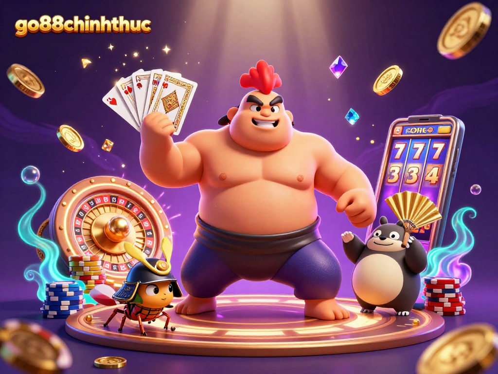 Experience the thrilling energy of go88chinhthuc with a powerful sumo rooster and dynamic casino elements.
