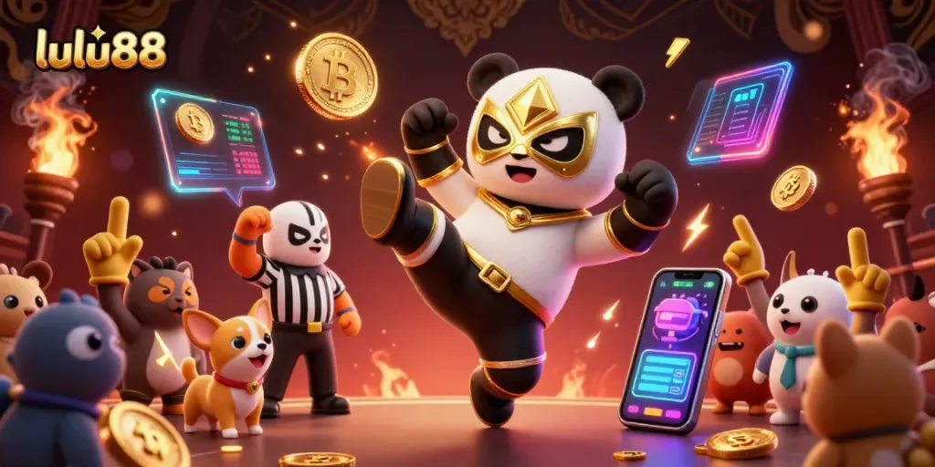 Experience the excitement at lulu88 with a vibrant 3D illustration of a panda wrestler kicking off a dynamic casino scene.
