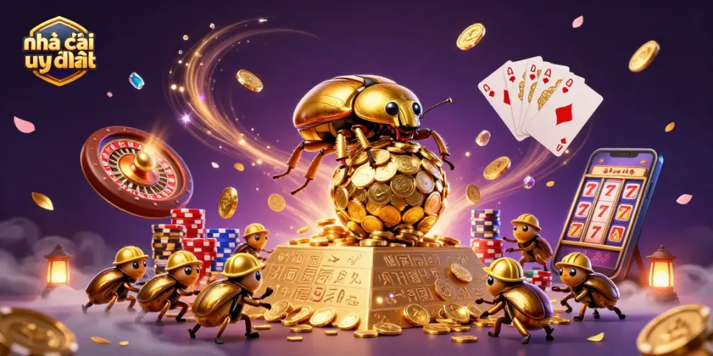 Engage with Nhà cái uy tín through vibrant casino-themed 3D illustration featuring colorful elements.