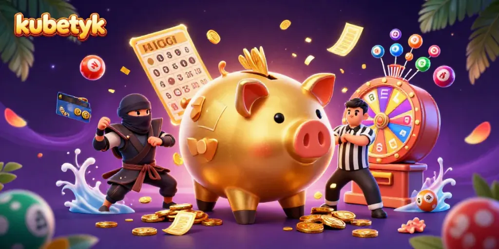 Experience the excitement of kubetyk with a dynamic scene featuring a golden piggy bank sumo wrestler, vibrant lottery elements, and animated casino action.