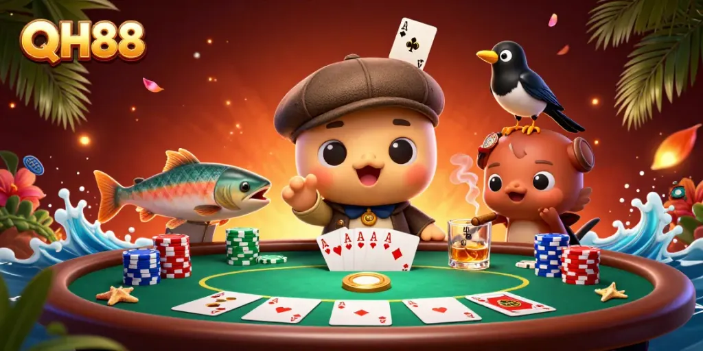 Win big at QH88 with a vibrant scene showcasing playful characters and extensive poker elements.