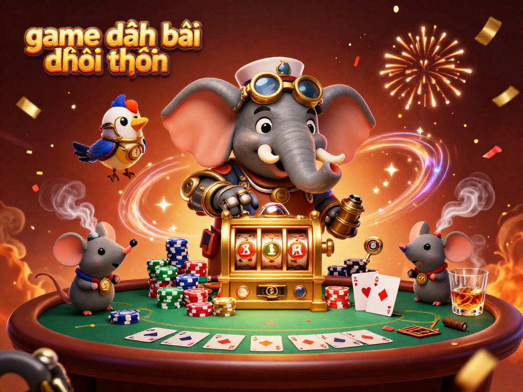 Playing game đánh bài đổi thưởng with a festive steampunk elephant engineer and lively casino elements.