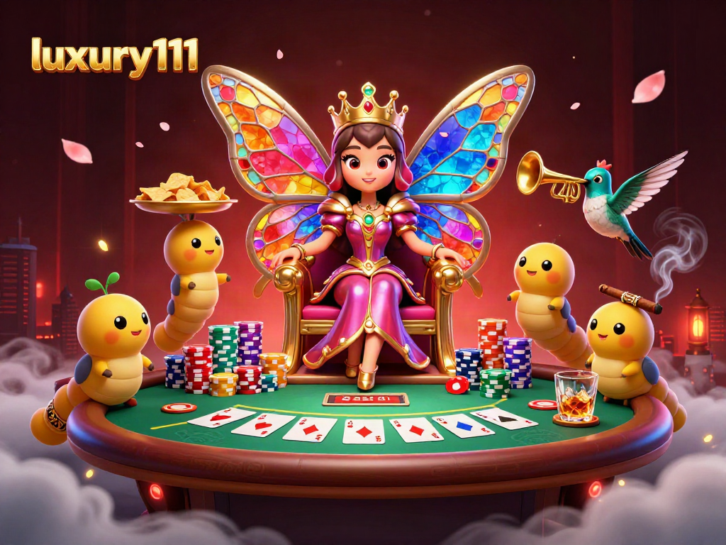 Experience luxury111 at this vibrant casino scene featuring a butterfly queen and poker excitement.