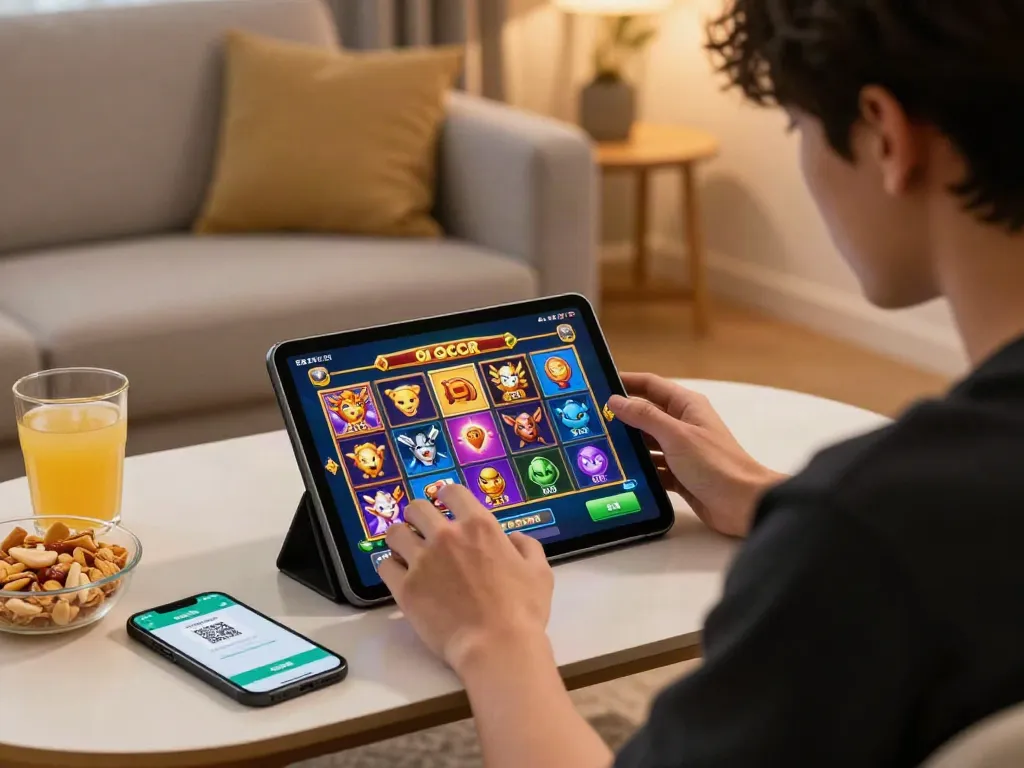 Player enjoying slot gacor games on a tablet with QRIS payment app in a cozy living room