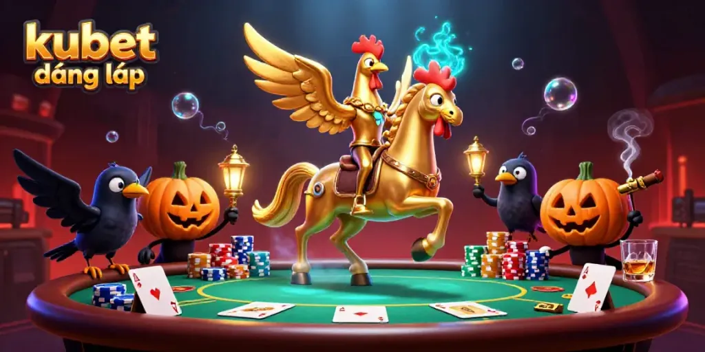 Experience kubet đăng nhập with vibrant casino action featuring golden rooster and poker elements.