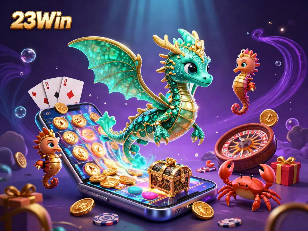Experience thrilling slots action with 23Win's emerald sea dragon and treasure-filled scene