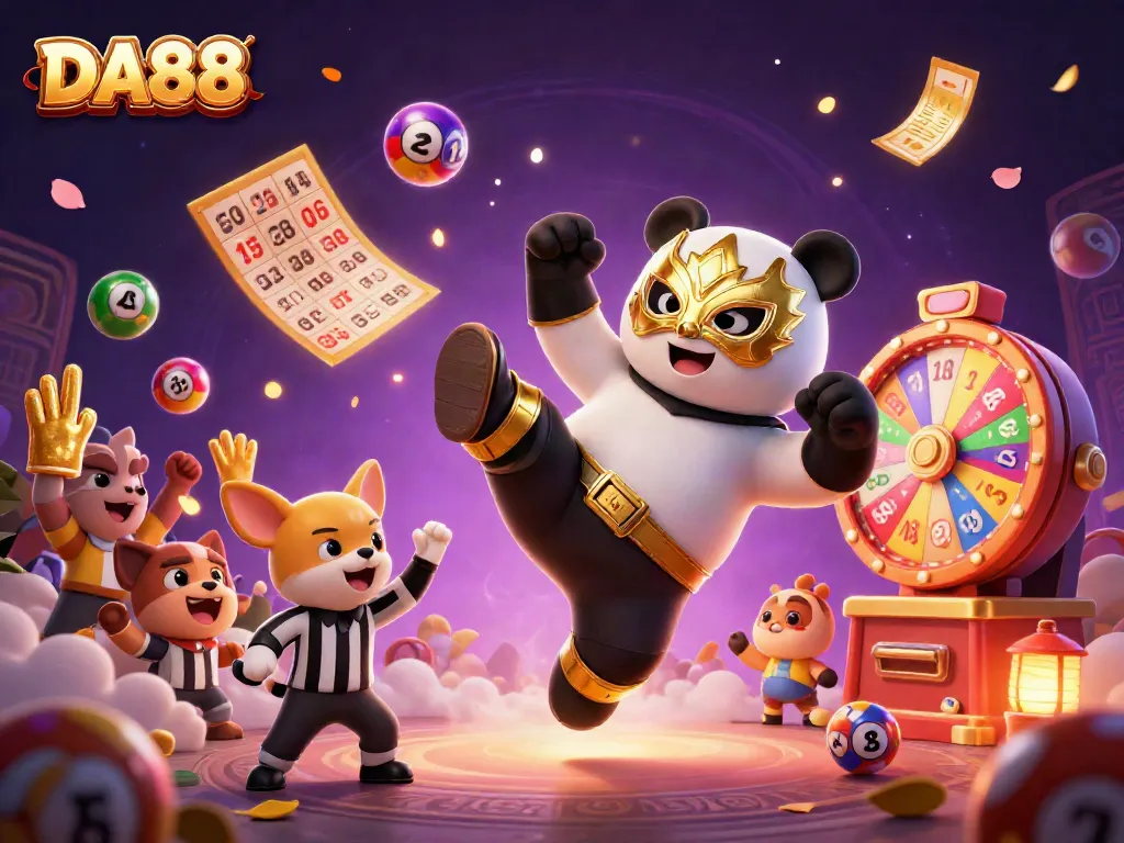 Experience thrilling games at DA88 with vibrant characters, colorful lottery elements, and dynamic action.